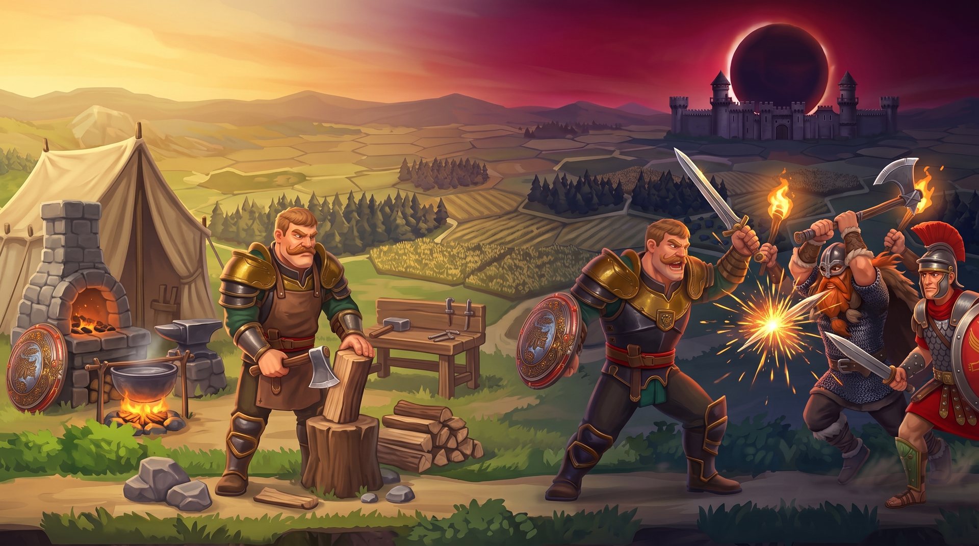 Left, a sunny morning at camp: the hero chops wood next to his tent, forge and cooking pot. Right, night under the eclipse: the same hero clashes swords with a Viking and a Roman legionary.