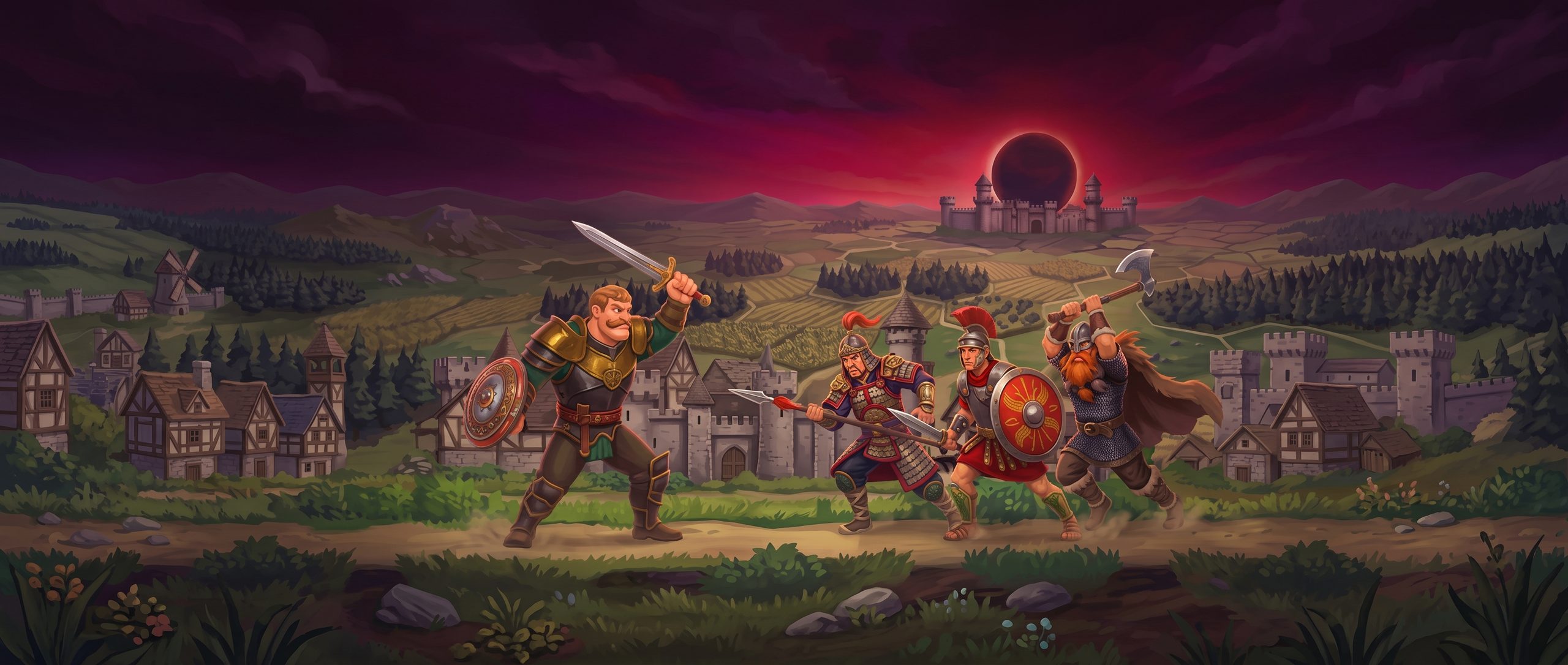 The Keepwatch hero raises his sword against a Chinese spearman, a Roman legionary and a Viking on a road below a castle and a dark eclipse.