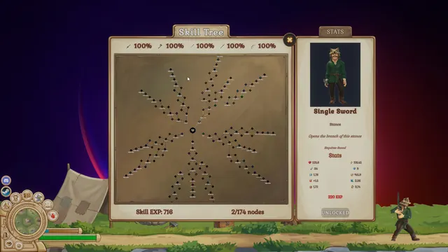 Skill tree panel with the hero's stats