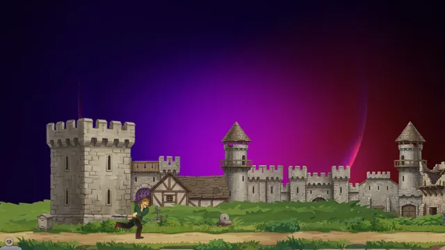 The hero walks past a stone castle along the bottom of the desktop