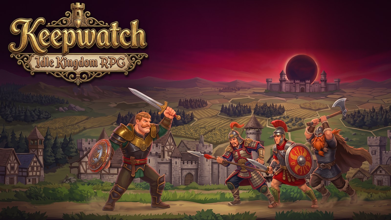 Keepwatch key art: the hero in black and gold armor strikes at a Viking and a Roman soldier on a dirt road, a castle town behind them and a dark eclipse over a distant keep.