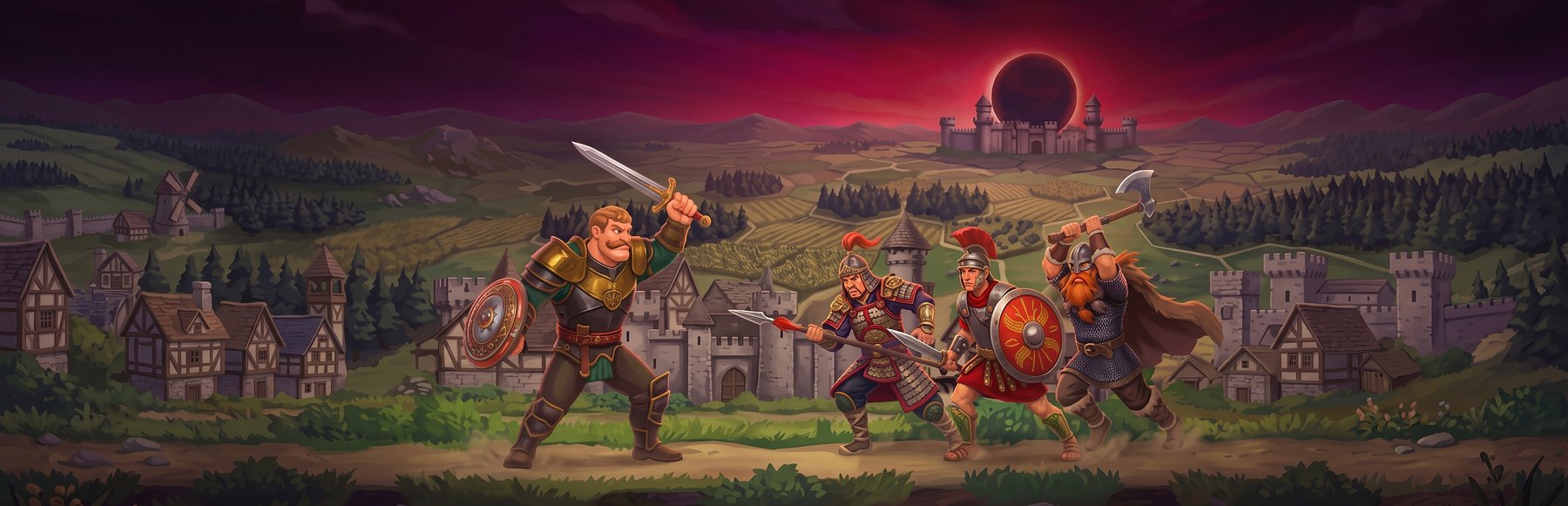 Wide key art without logo showing the hero and three enemies on the road.