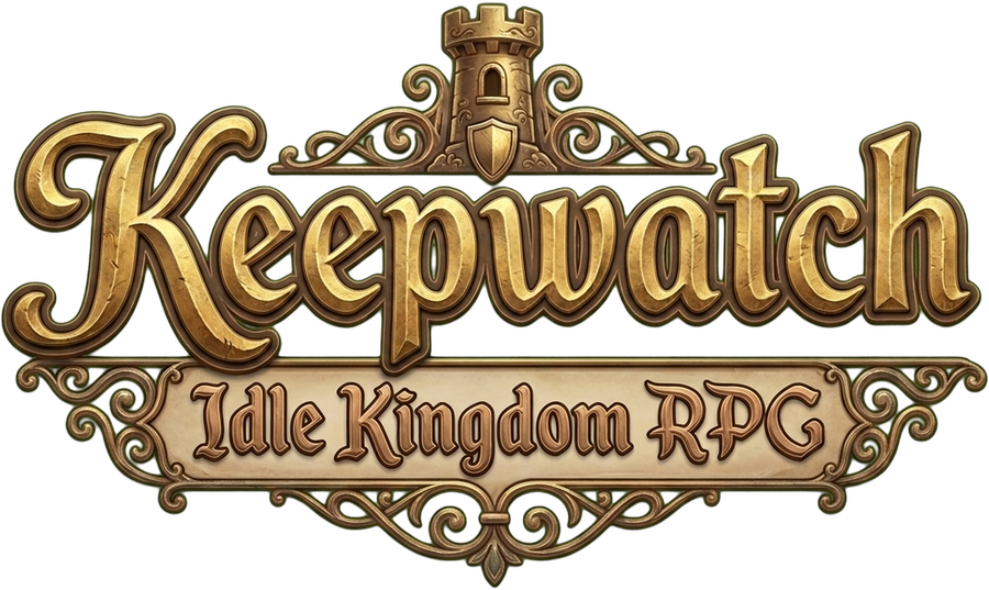 Keepwatch: Idle Kingdom RPG logo in gold lettering under a small tower emblem.