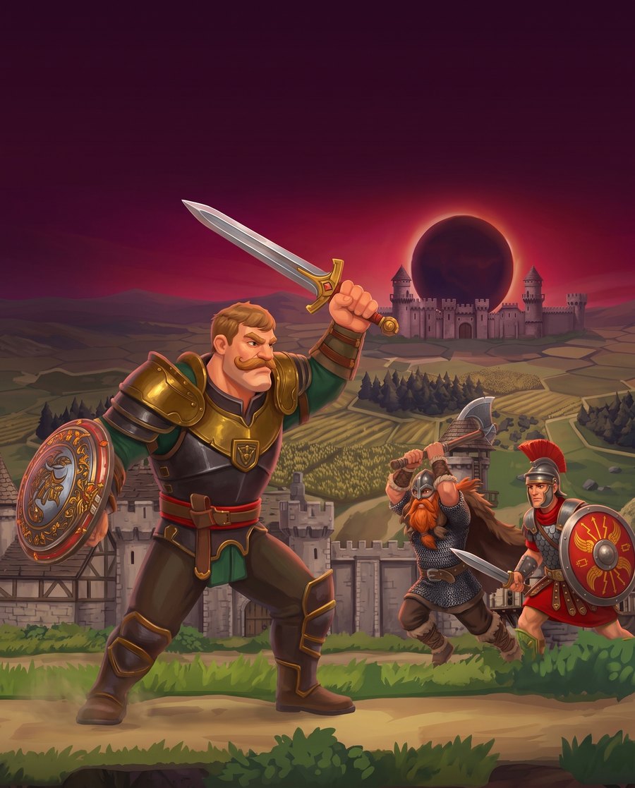 The hero in black and gold armor raises his sword while a Viking and a Roman charge in behind him.