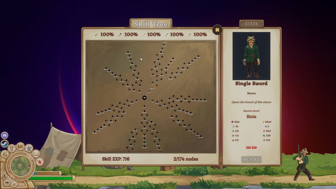 Skill tree panel with five branches and the hero's stats card.