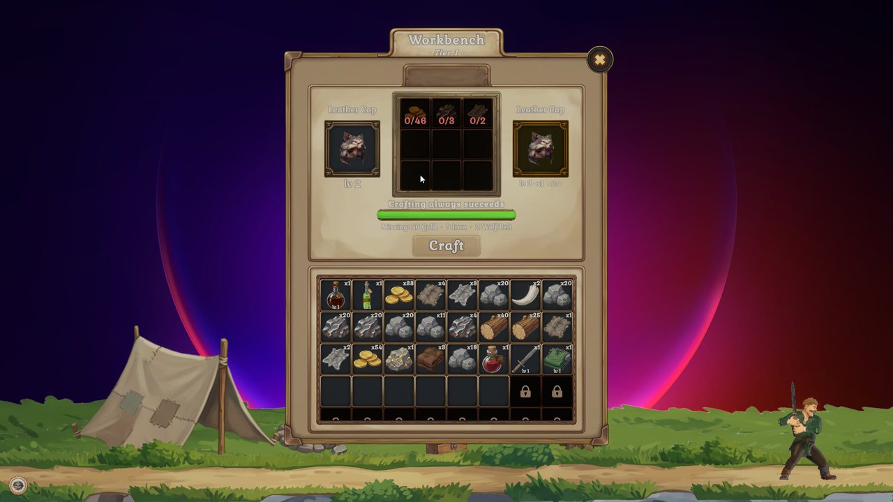 Workbench crafting panel with recipe slots and a progress bar.