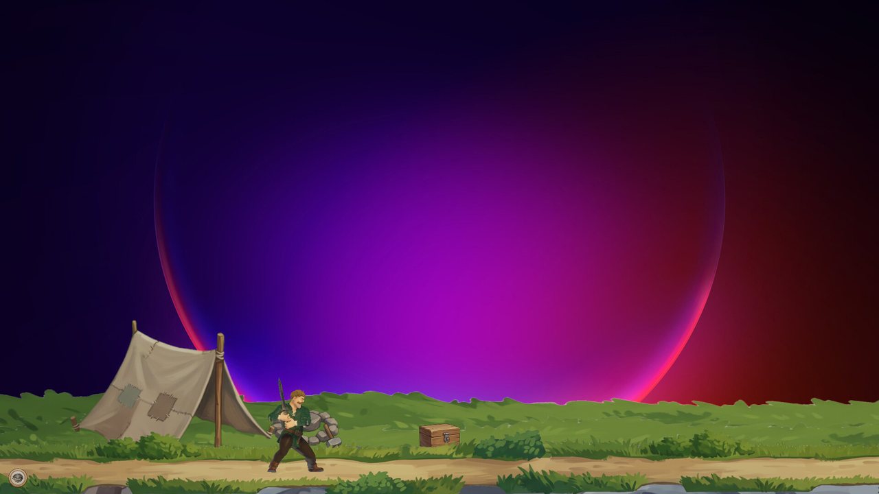 The camp with a tent and campfire at the edge of the screen.